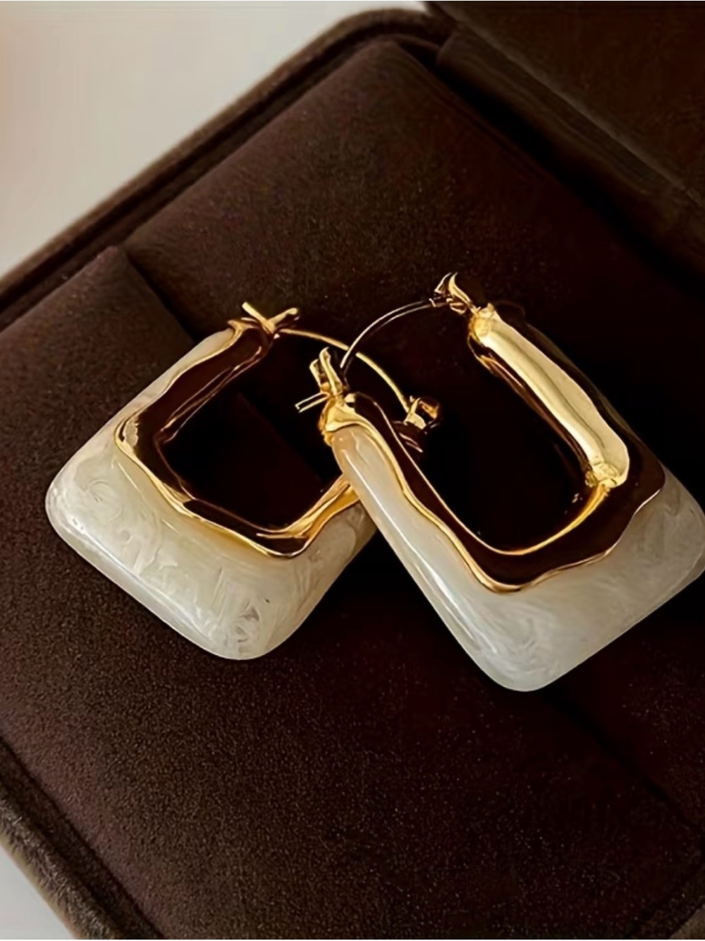 Gold & Cream Square Hoop Earrings - Elegant Women's Jewelry